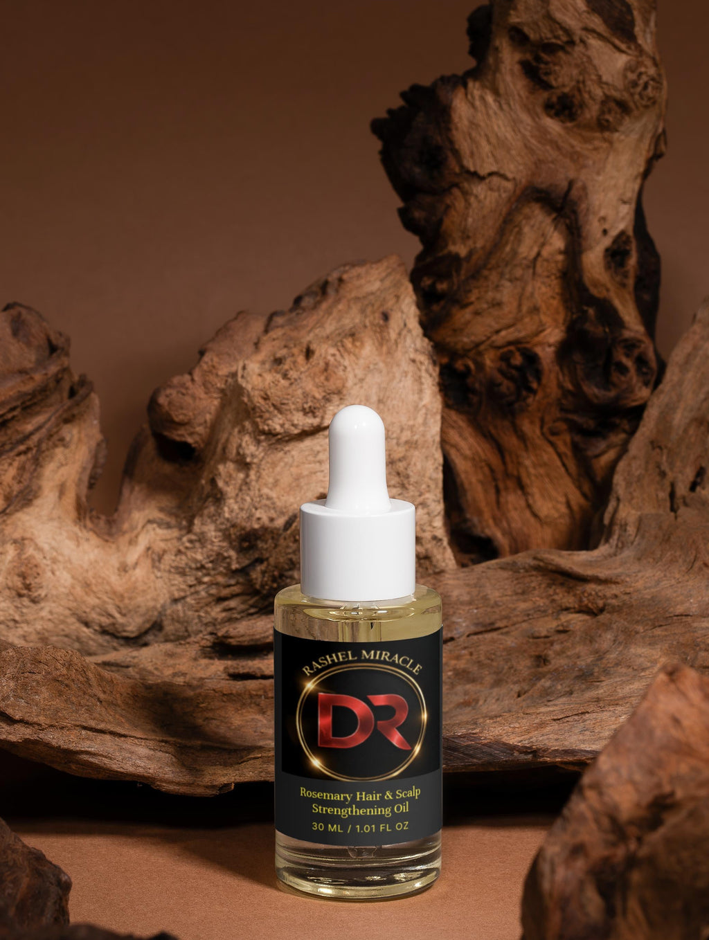 Rashel Miracle Products rosemary hair growth oil with dropper, showing bottle and fresh rosemary sprigs for scalp care and hair strengthening.