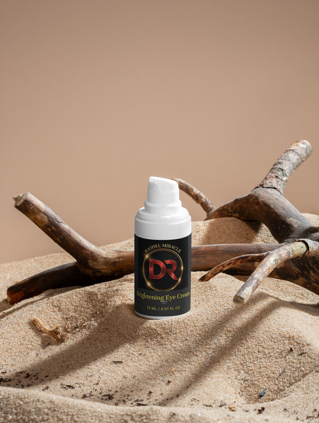 Rashel Miracle Brightening Eye Serum for dark circles and puffiness, featuring a sleek bottle with a metal rollerball applicator.