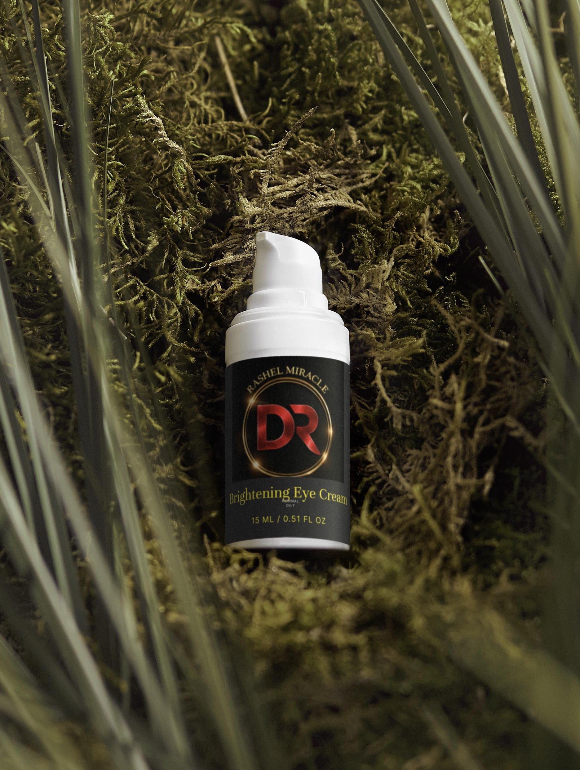 Rashel Miracle Brightening Eye Serum for dark circles and puffiness, shown in a sleek skincare bottle with a dropper applicator.