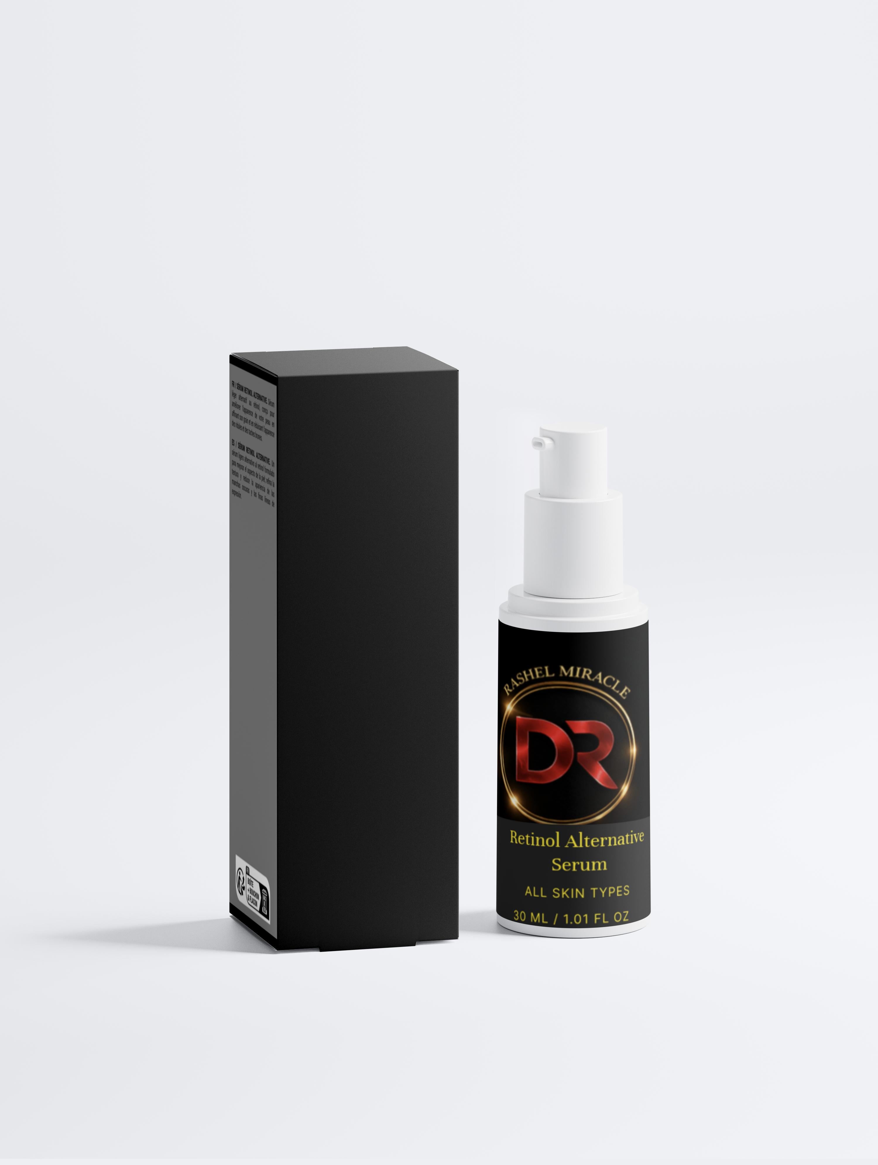 Rashel Miracle plant-based retinol alternative serum bottle for acne-prone and problem skin, with natural ingredients visible.