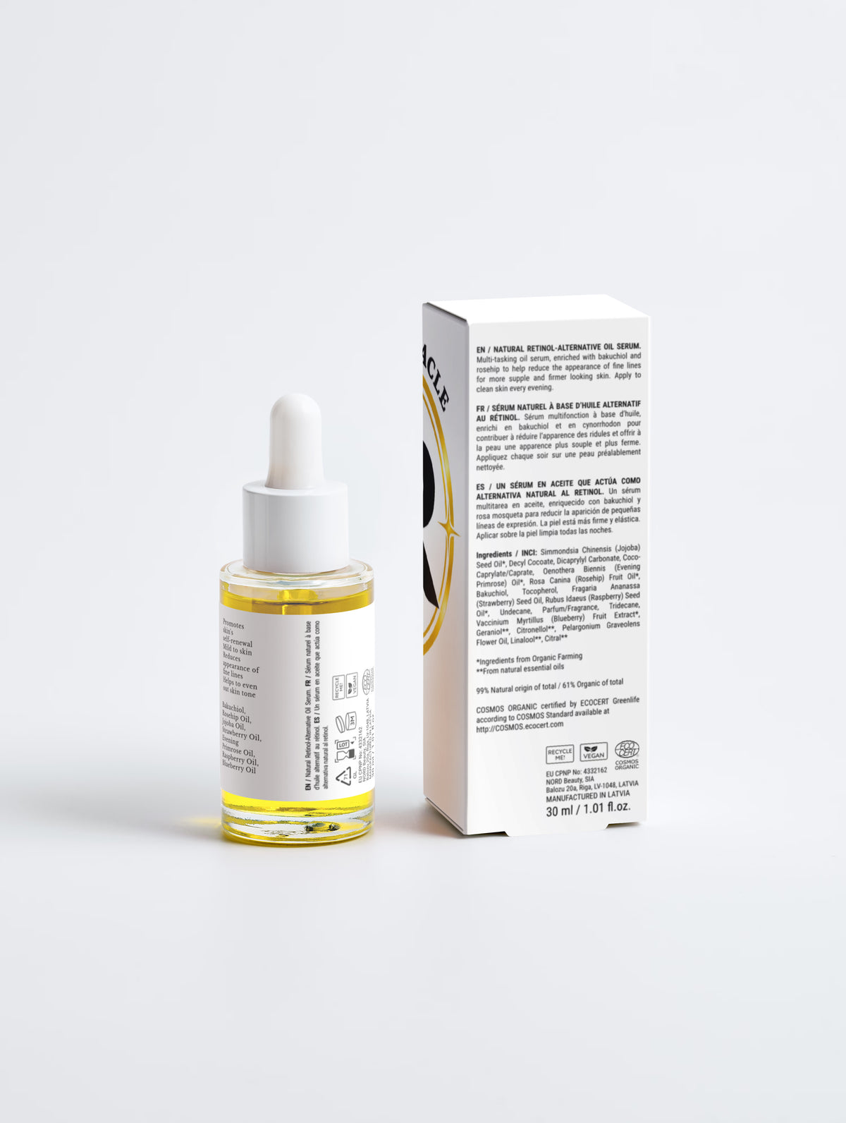 Rashel Miracle Natural Retinol Bakuchiol Face Oil bottle with box, back view