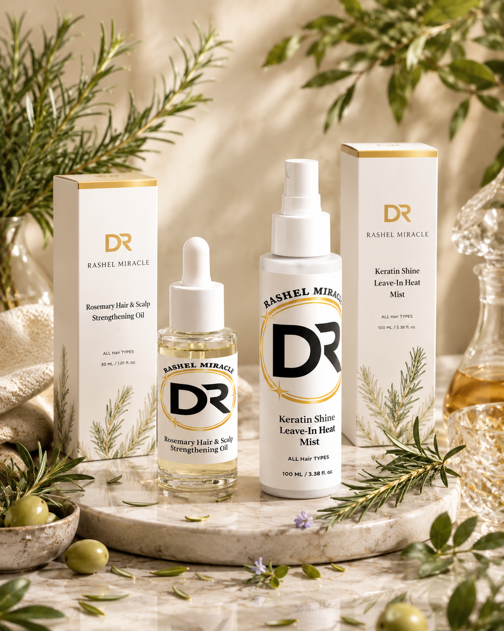 Rashel Miracle Shine Hair Set with Rosemary Oil and Keratin Spray, olive background