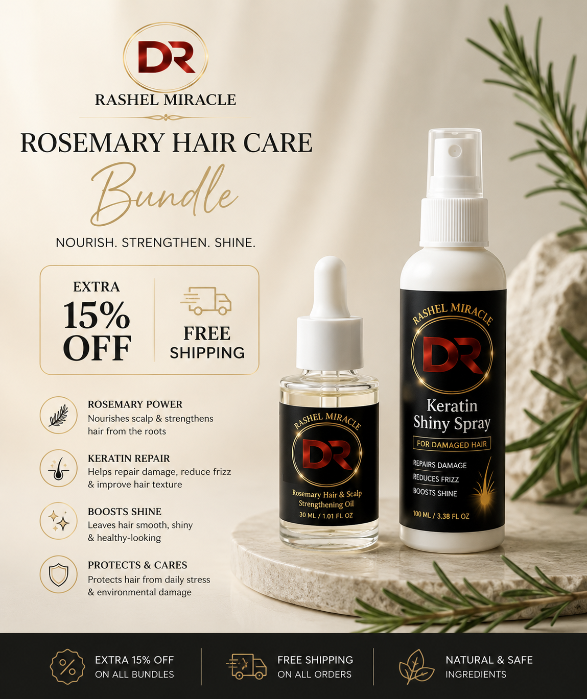 Healthy Hair Revival Duo bundle featuring Rashel Miracle Products with keratin and rosemary haircare treatments.