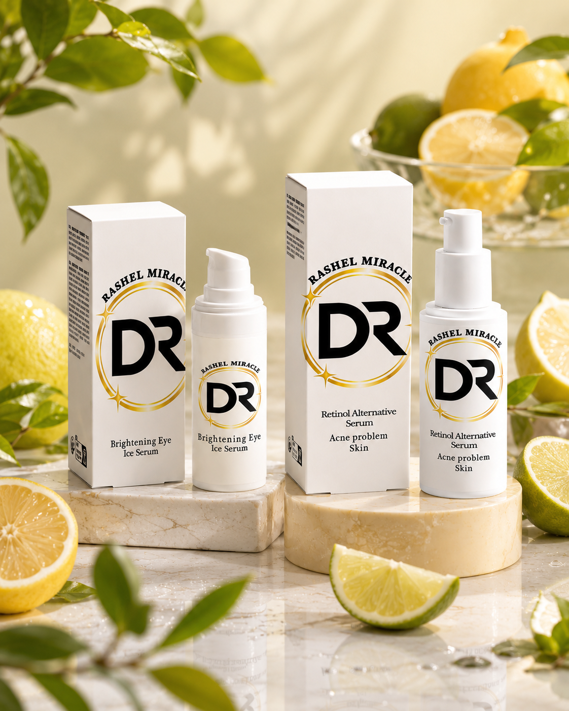  Rashel Miracle Clear Skin Set with Retinol Alternative Serum and Eye Serum, lemon background