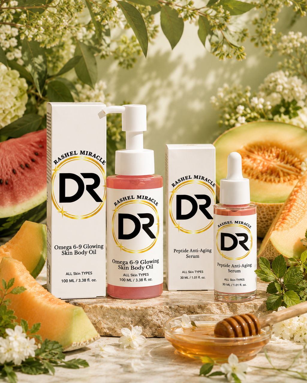 Rashel Miracle Face & Body Glow Set with Peptide Serum and Omega Body Oil, melon background