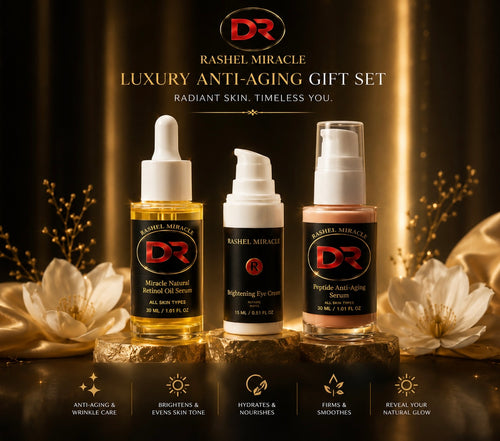 Rashel Miracle Products anti-aging skincare bundle with three luxury skincare products in a stylish set.