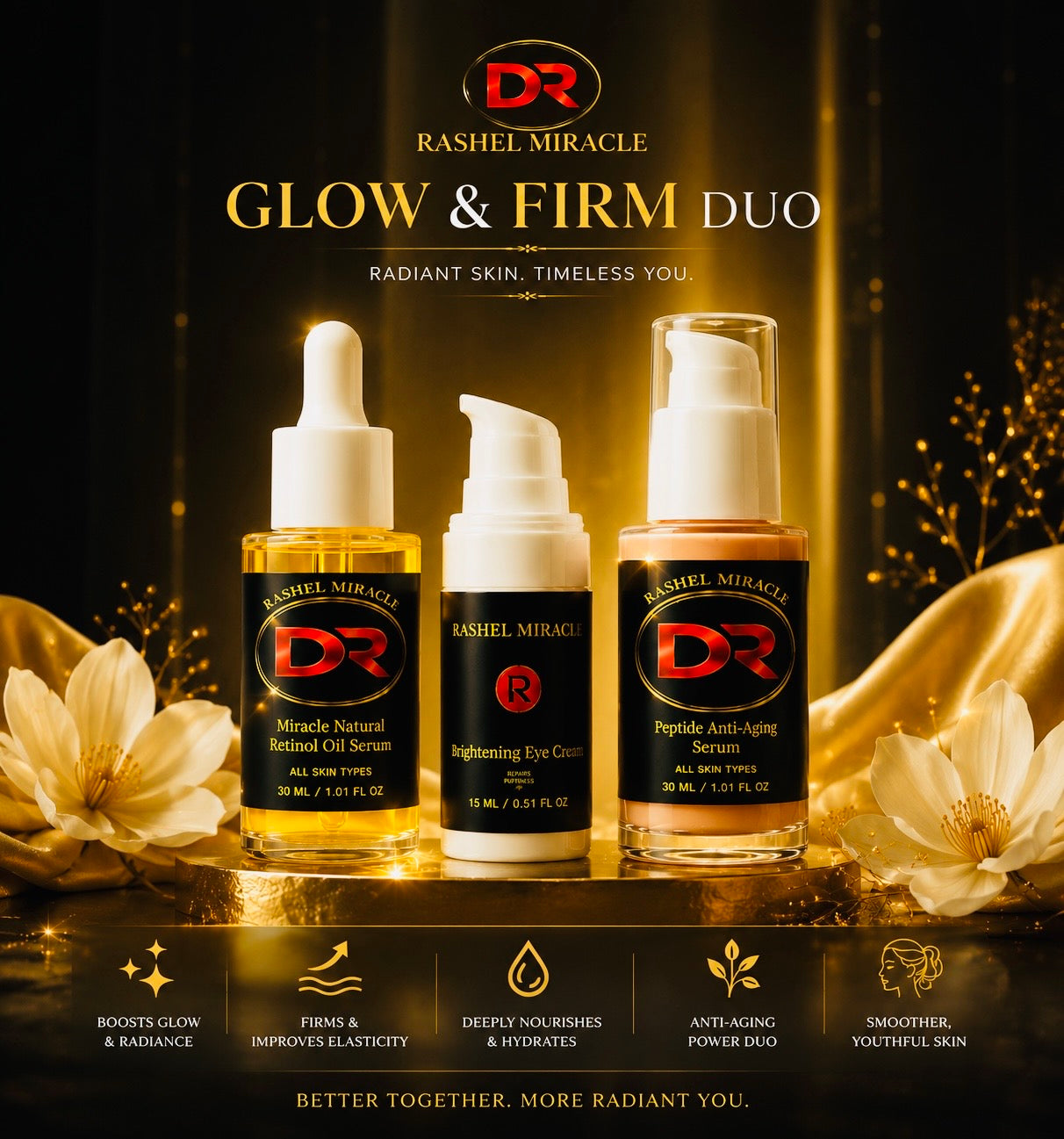 Rashel Miracle Products complete anti-aging skincare bundle with multiple skincare products and natural ingredients.