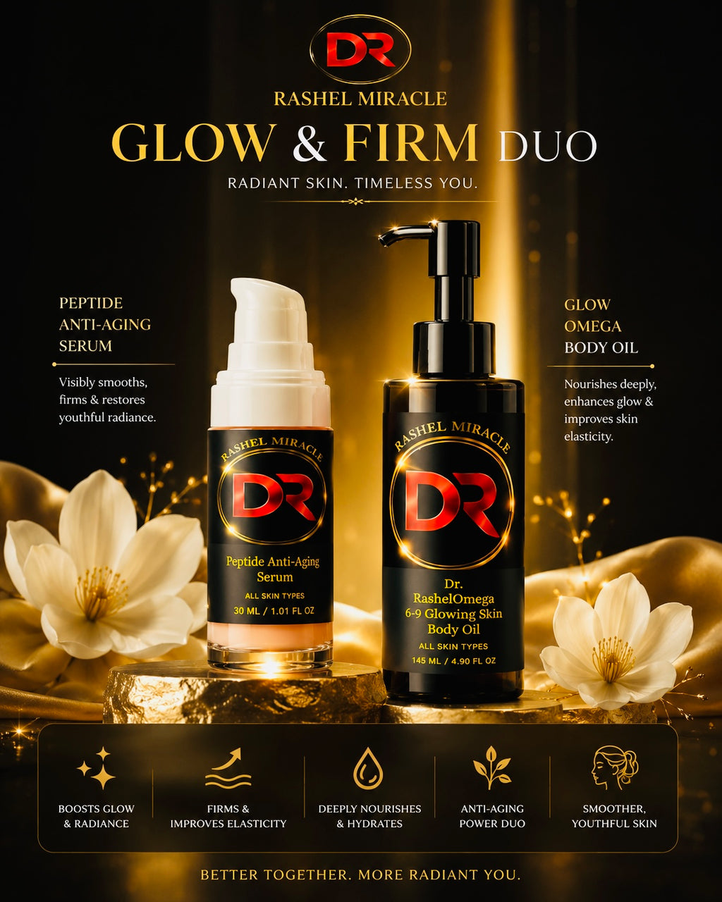 Rashel Miracle Products Glow & Firm Duo skincare bundle featuring face and body anti-aging creams in a sleek set.