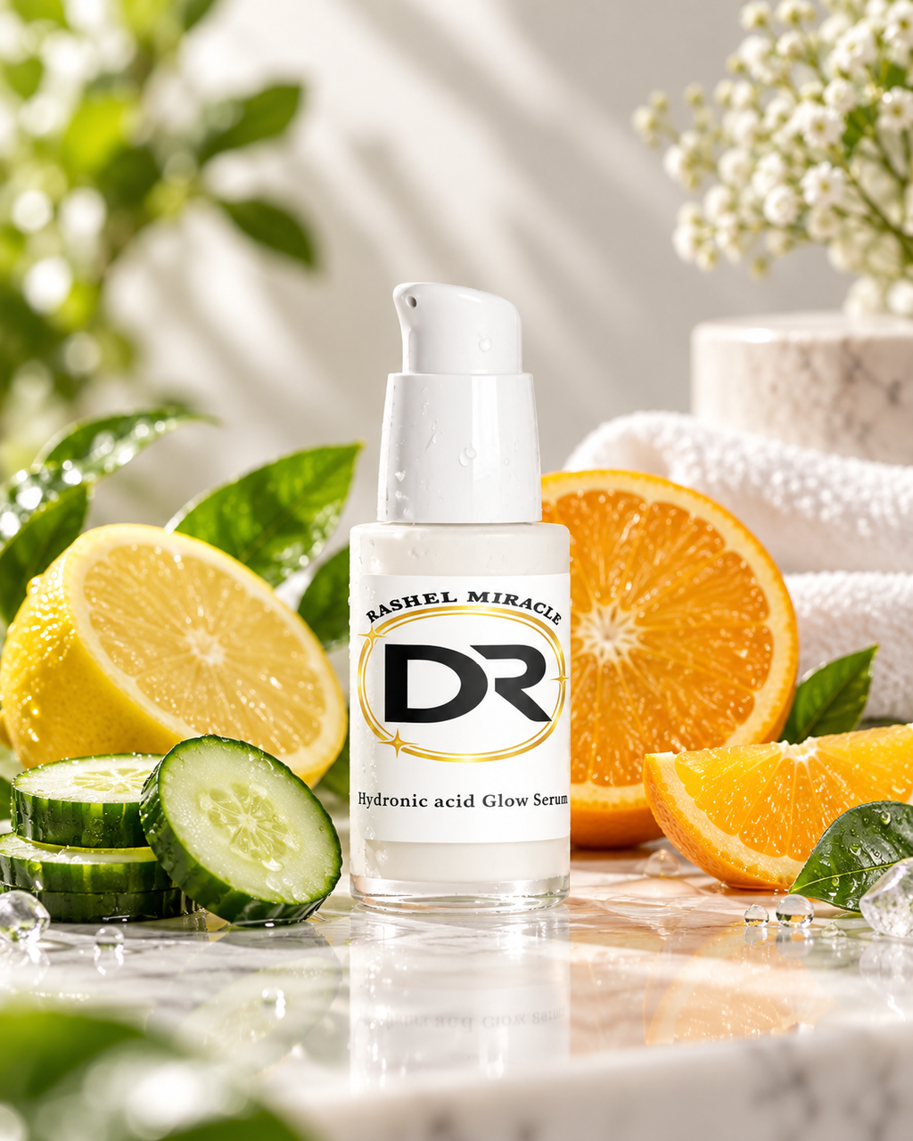 Rashel Miracle Hyaluronic Acid Lifting Serum bottle styled with fresh fruit