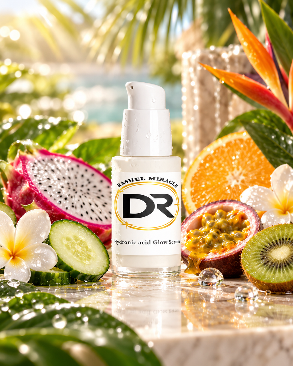 Rashel Miracle Hyaluronic Acid Lifting Serum bottle styled with exotic fruit