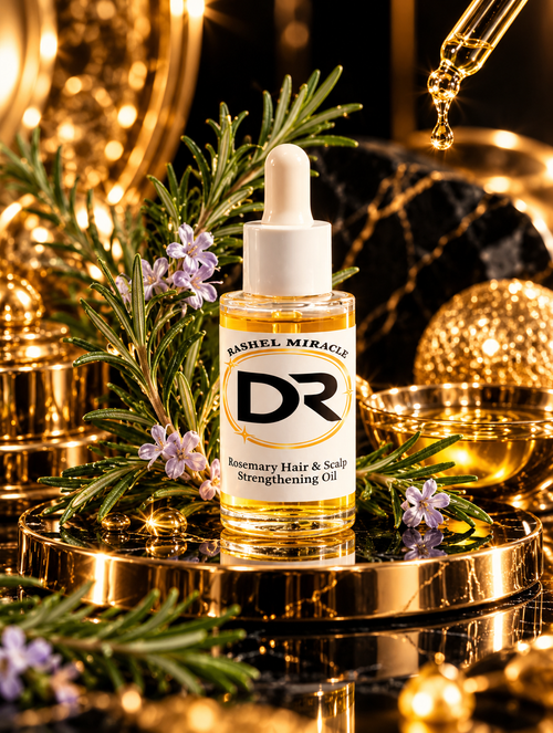 Rashel Miracle® Rosemary Hair & Scalp Strengthening Oil bottle with rosemary sprigs on gold