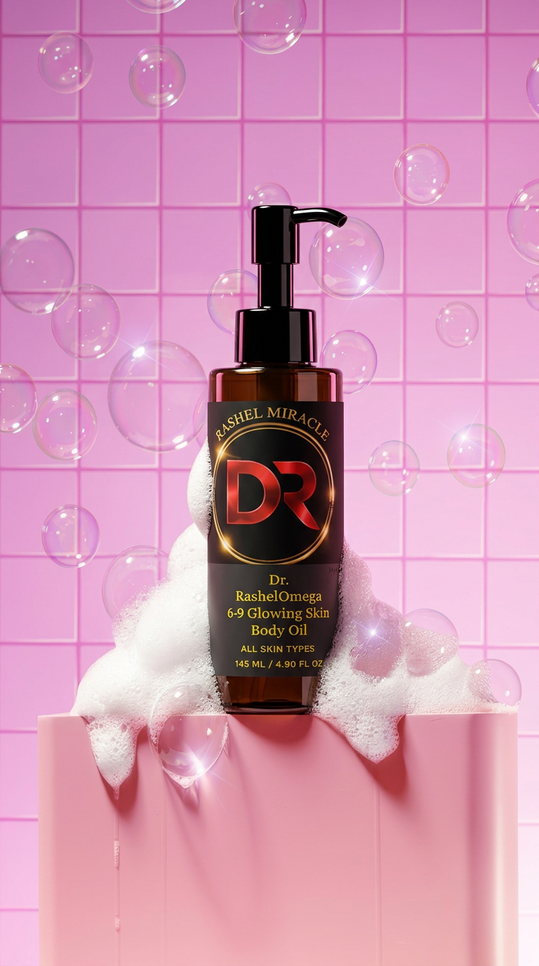 Rashel Miracle Products Omega 6-9 Glowing Skin Anti-Cellulite Body Oil bottle with golden cap and sleek packaging.