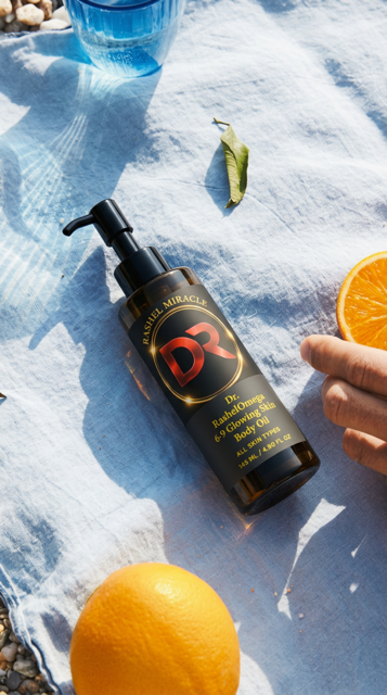 Rashel Miracle Omega 6-9 Glowing Skin Anti-Cellulite Body Oil bottle with pump and vibrant packaging.