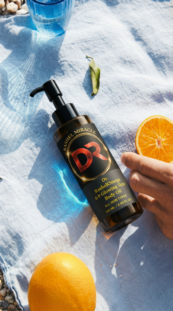 Rashel Miracle Omega 6-9 Glowing Skin Anti-Cellulite Body Oil bottle with pump and label, showcasing the skincare product.