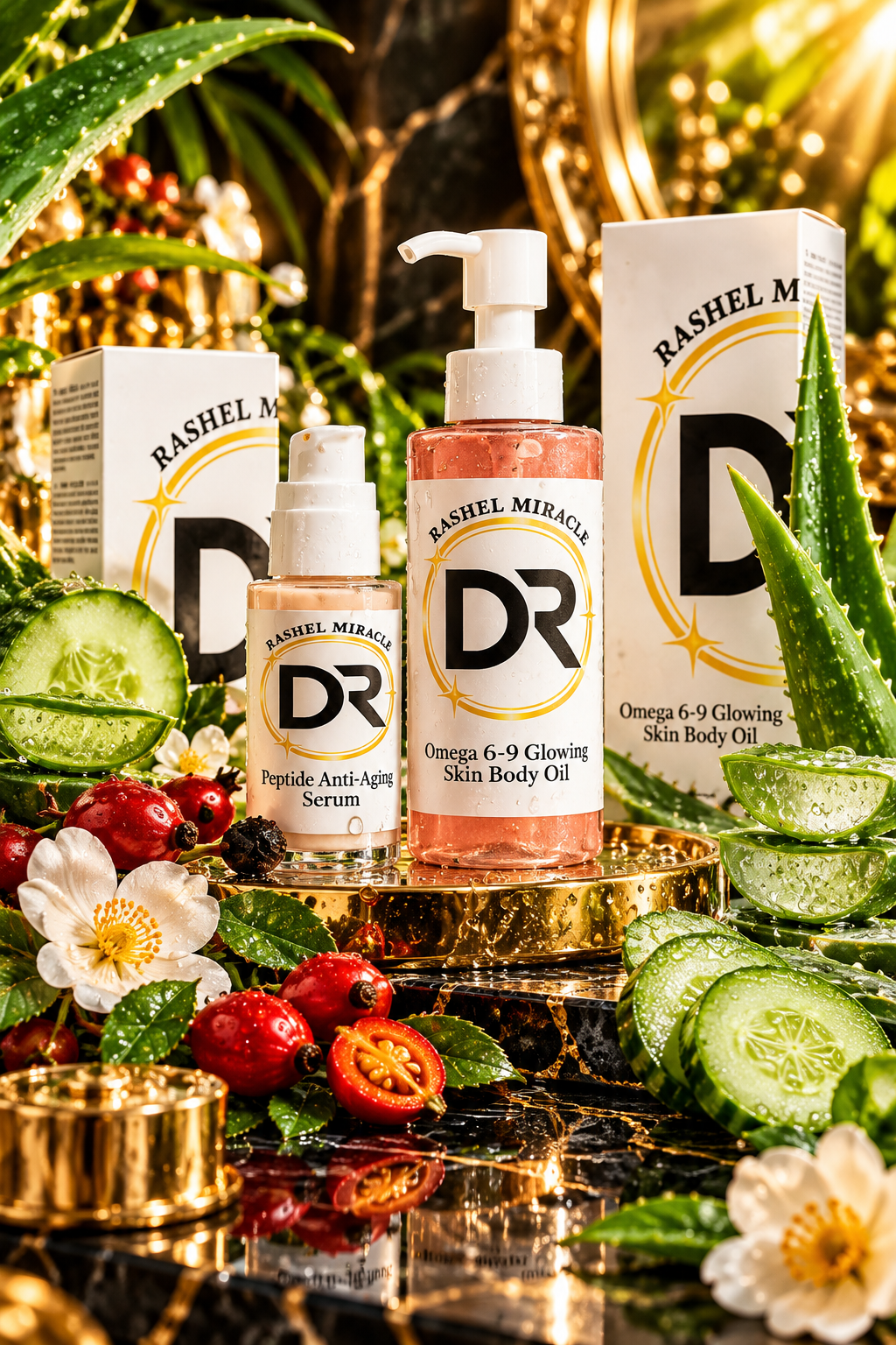 Rashel Miracle Glow & Firm Body Set: Peptide Face Serum and Omega 6-9 Body Oil