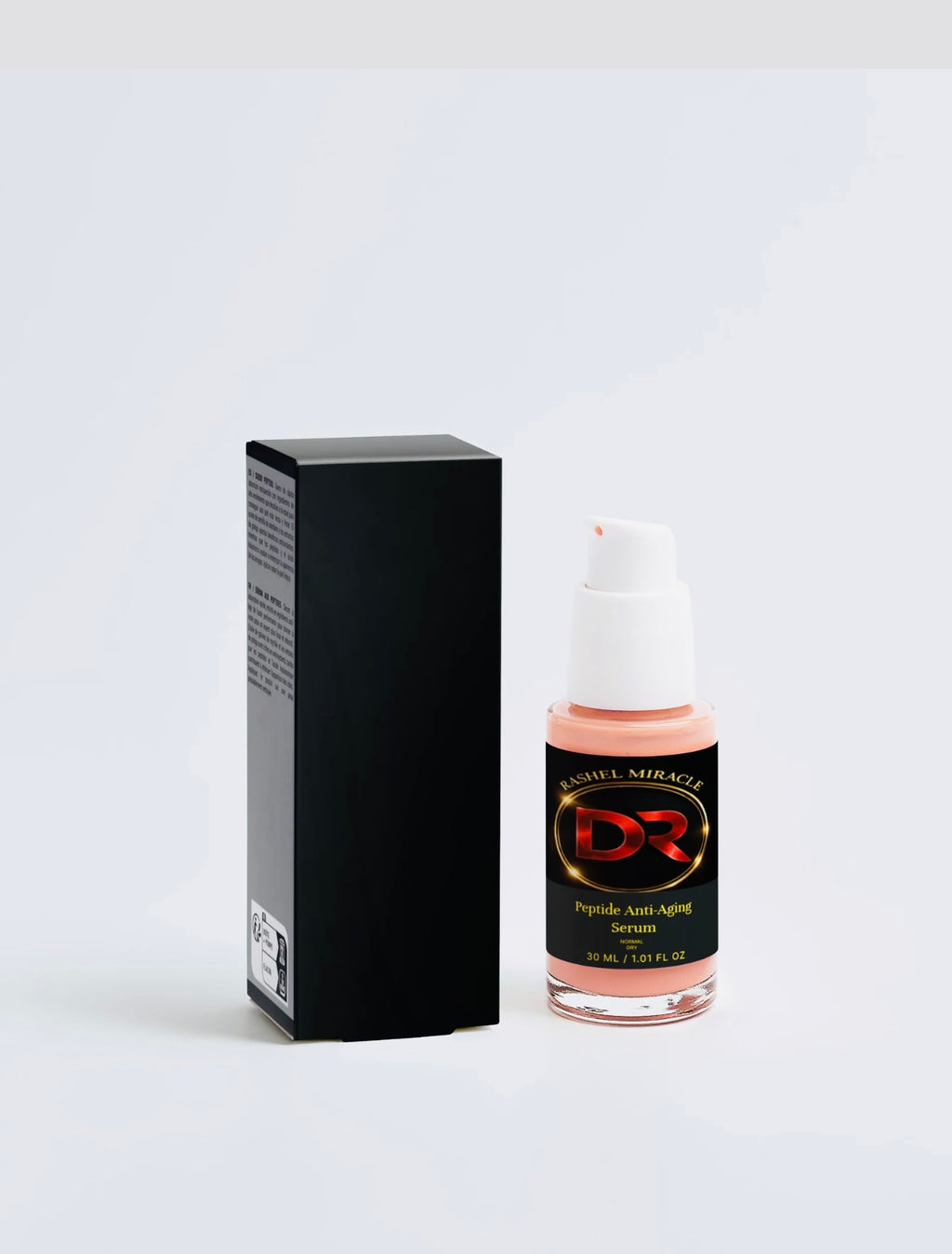 Rashel Miracle Products peptide serum in a glass bottle, part of the complete anti-aging luxury skincare bundle, with a dropper cap.