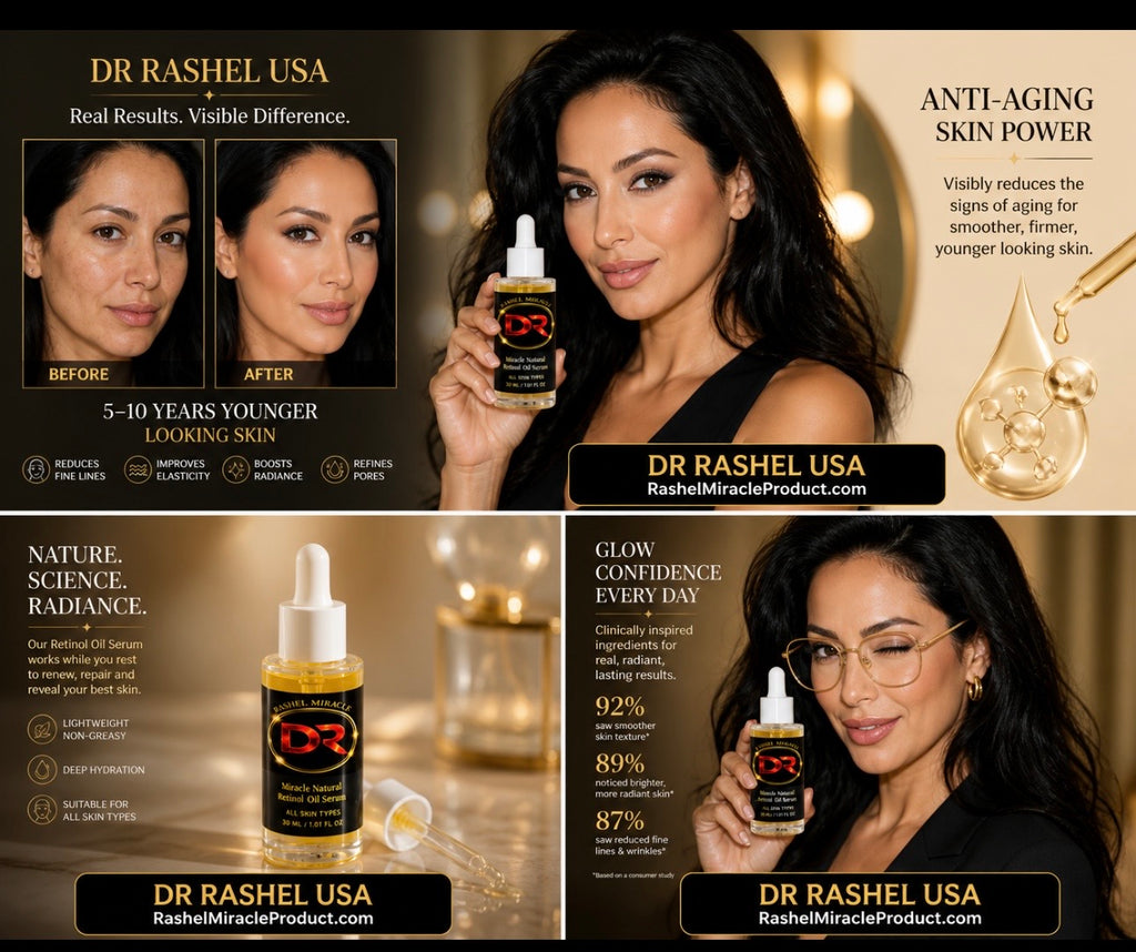 Rashel Miracle Products Glow & Firm Duo skincare set with retinal oil and anti-aging products for face and body.