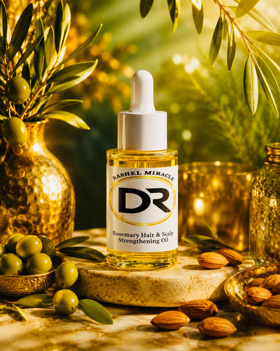 Rashel Miracle Rosemary Hair Growth & Scalp Strengthening Oil bottle with rosemary sprigs, styled shot