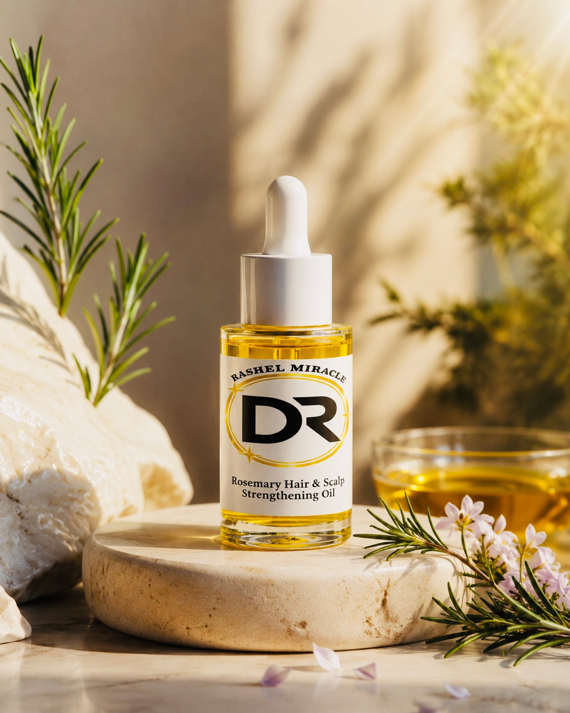 Rashel Miracle Rosemary Hair Growth & Scalp Strengthening Oil bottle, lifestyle shot
