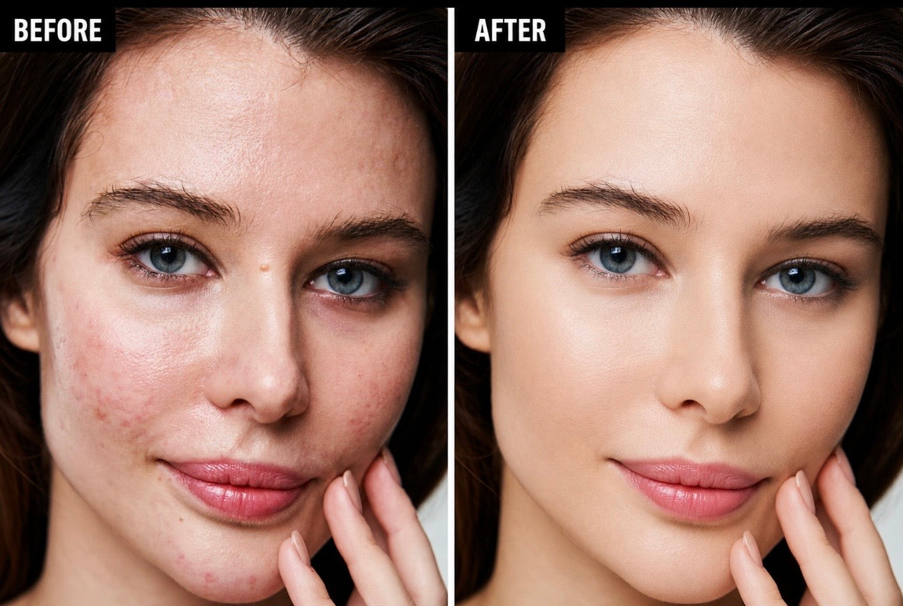 Rashel Miracle Products Clear Skin Starter Set featuring retinol alternative and eye serum in a skincare bundle, with before-and-after acne images.