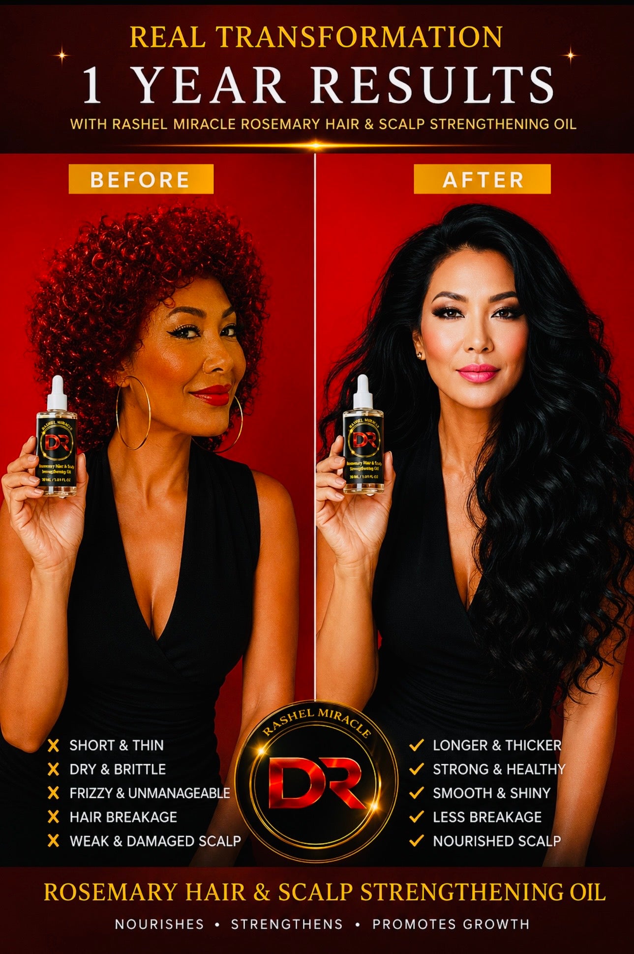 Before and after images showing the Rashel Miracle Products Healthy Hair Revival Duo hair oil improving hair health and shine.