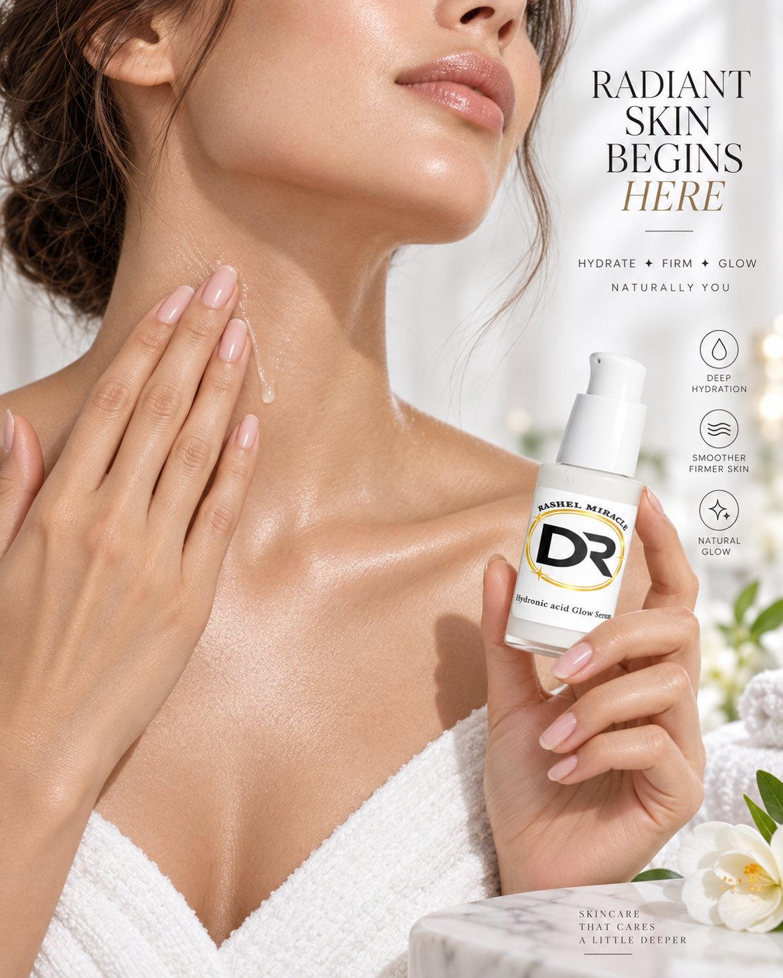 Rashel Miracle Hyaluronic Acid Lifting Serum applied to face and neck for firming and hydration