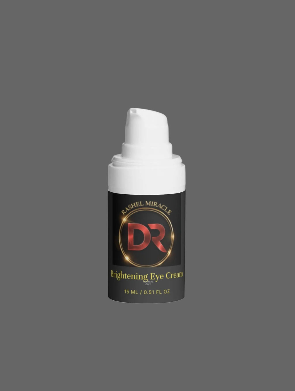 Rashel Miracle Brightening Eye Serum for dark circles and puffiness, clear bottle with dropper, close-up of product on white background.