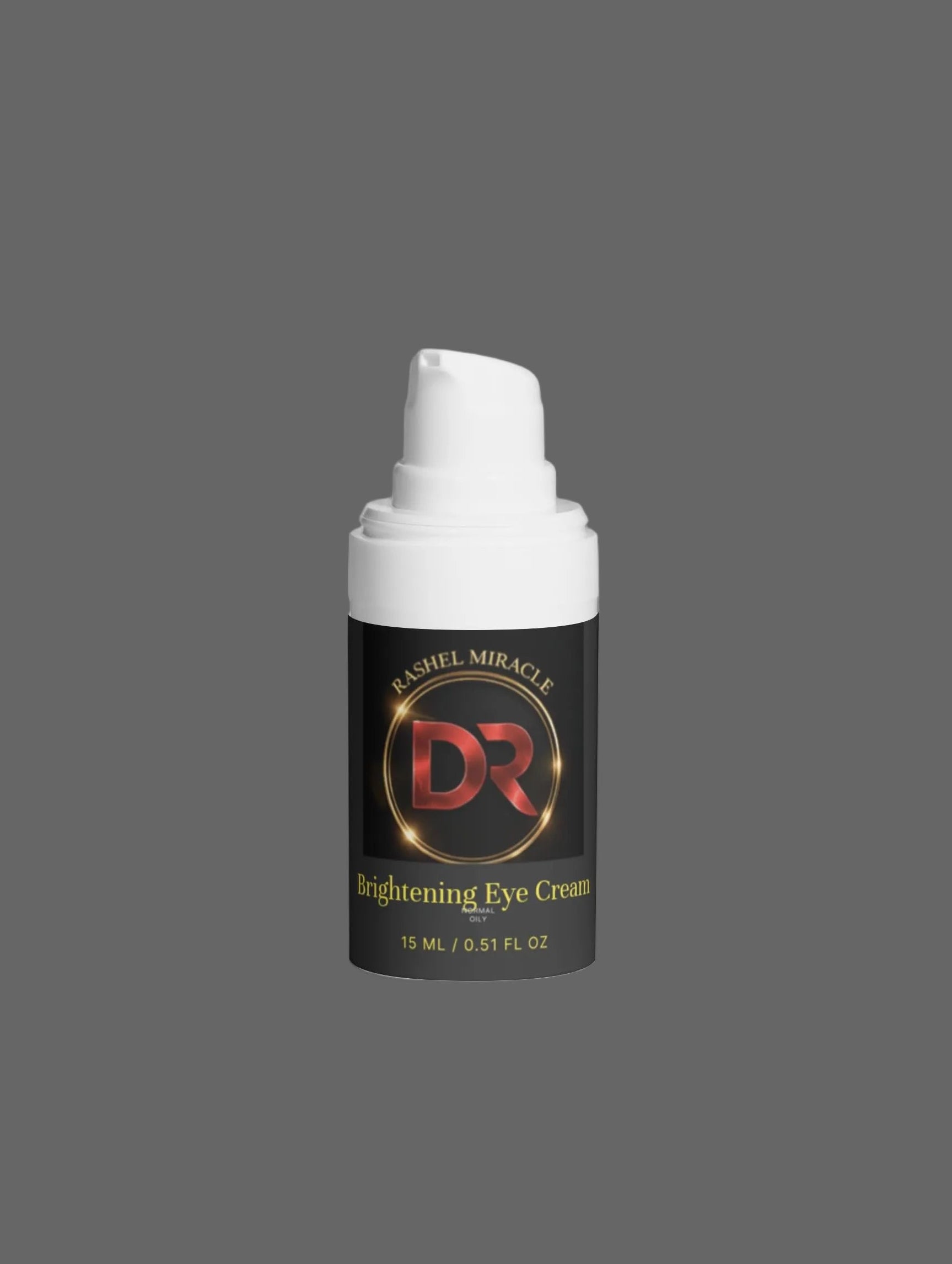 Rashel Miracle Brightening Eye Serum for dark circles and puffiness, clear bottle with dropper, close-up of product on white background.