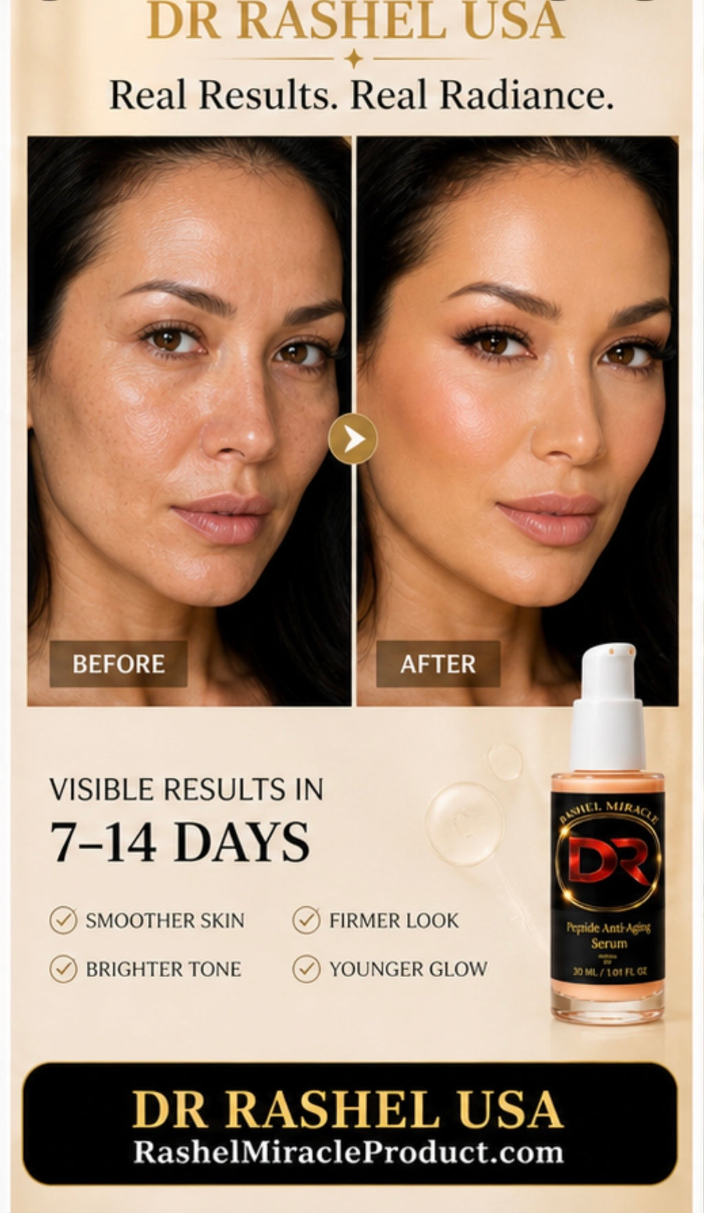 Rashel Miracle Products Complete Anti-Aging Ritual skincare bundle showing before and after skin improvements with peptides.