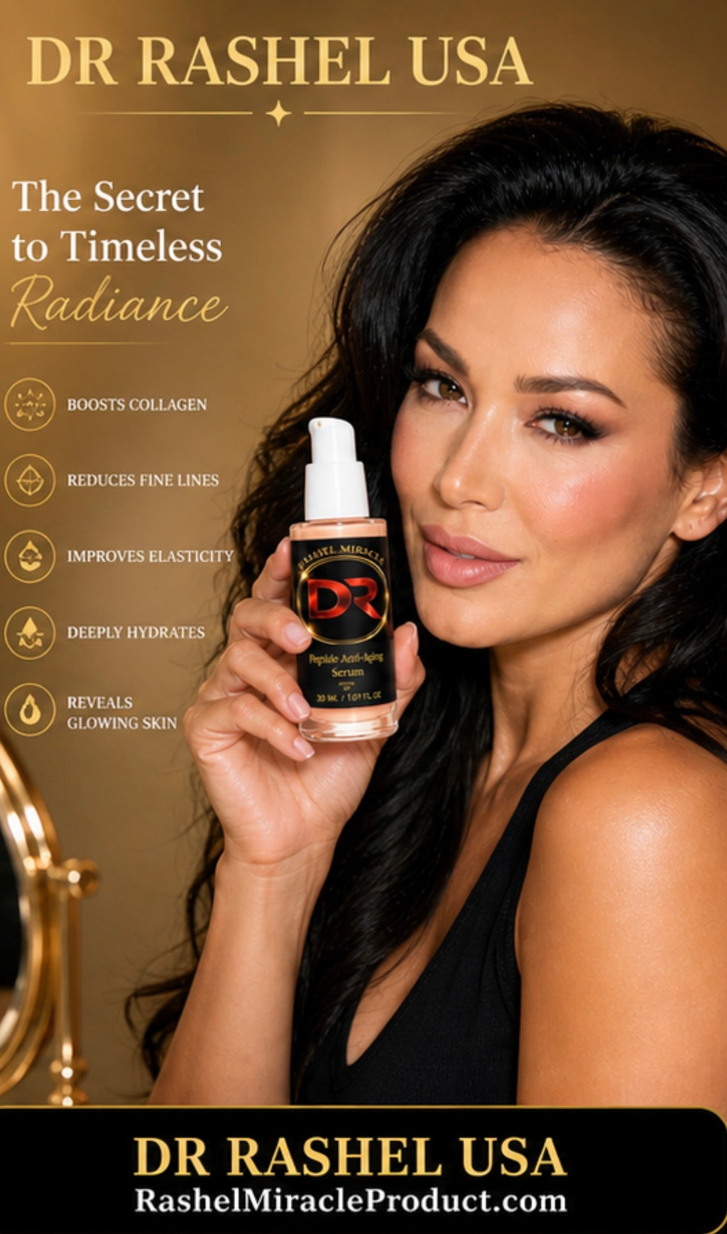 Rashel Miracle Peptide Anti-Aging Face Serum with Hyaluronic Acid, in a clear glass bottle with dropper for youthful skin care.