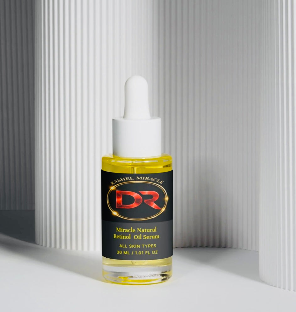 Rashel miracle natural bakuchiol face oil for anti-aging skincare, care, showing a glass bottle with dropper and botanical accents.