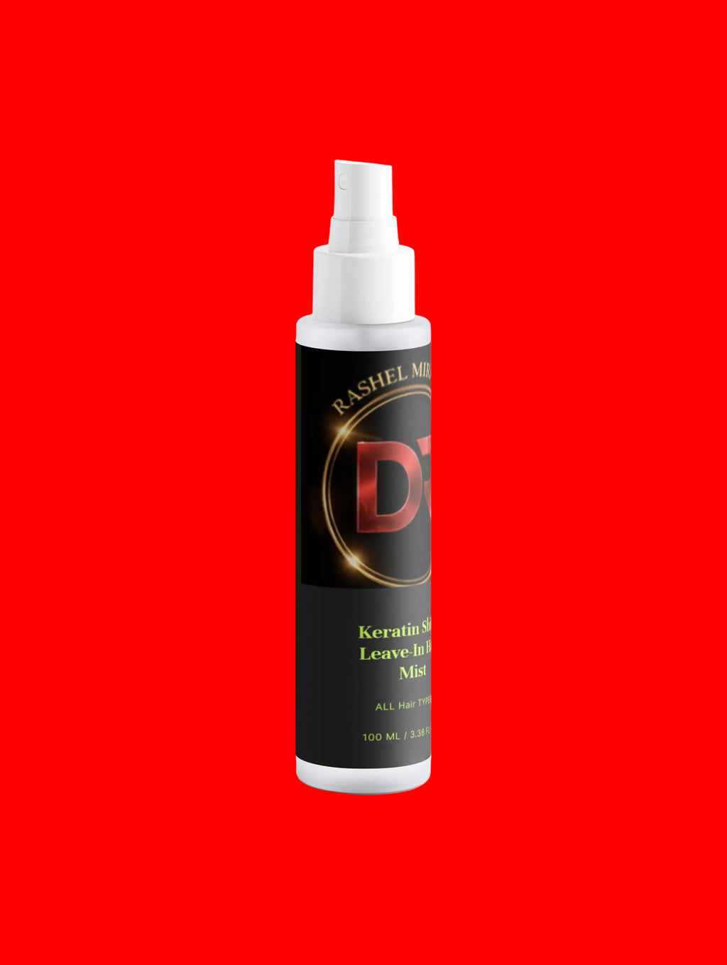 Rashel Miracle Products Keratin Shine Leave-In Hair Mist spray with shiny, smooth hair in a sleek spray bottle.