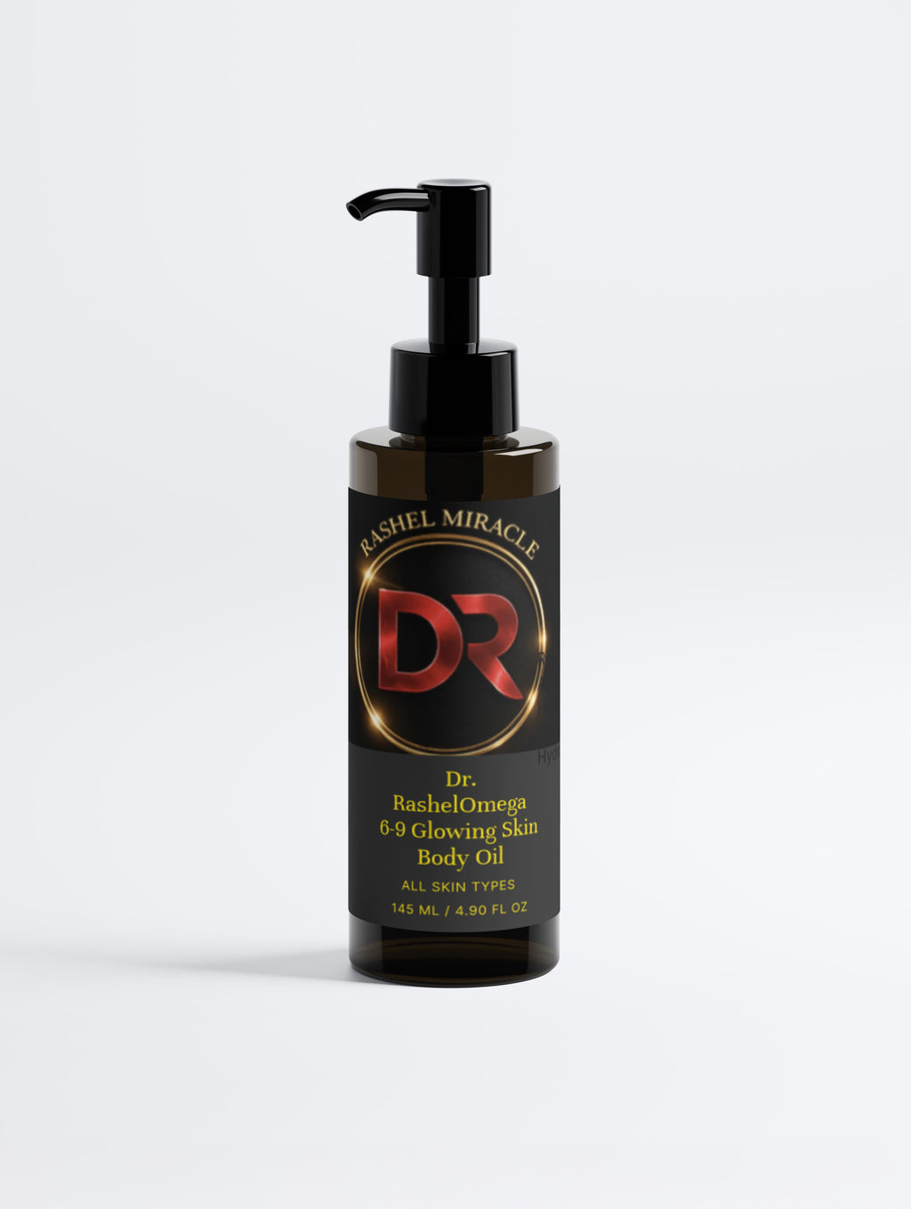 Rashel Miracle Products Omega 6-9 Glowing Skin Anti-Cellulite Body Oil bottle with natural ingredients and sleek packaging